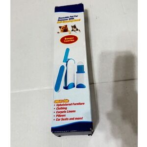 Reusable‎ Pet Fur Remover with Self-Cleaning Base and Bonus Travel Sz Blue White